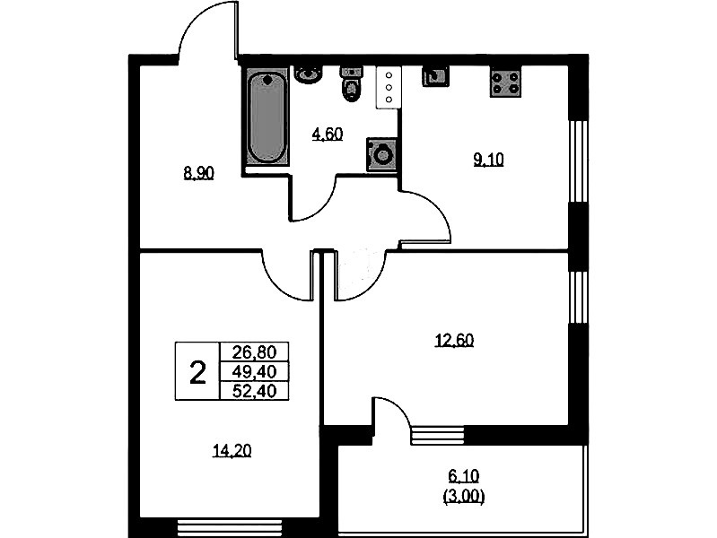 2-комнатная квартира 52.4 м², 8/13 эт., ЖК «А101 Лаголово»